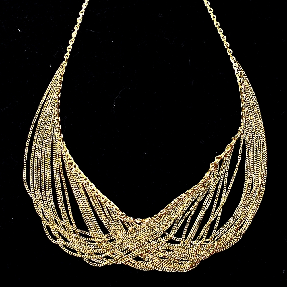 Signed 18K GF HJ Bib Necklace Multi Row Waterfall Suspension Weave VTG!